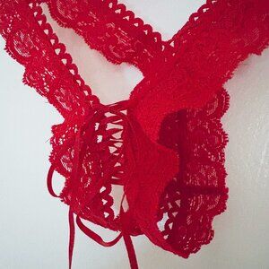 Trashy Lingerie Red Lace Up Crotchless Panties XS